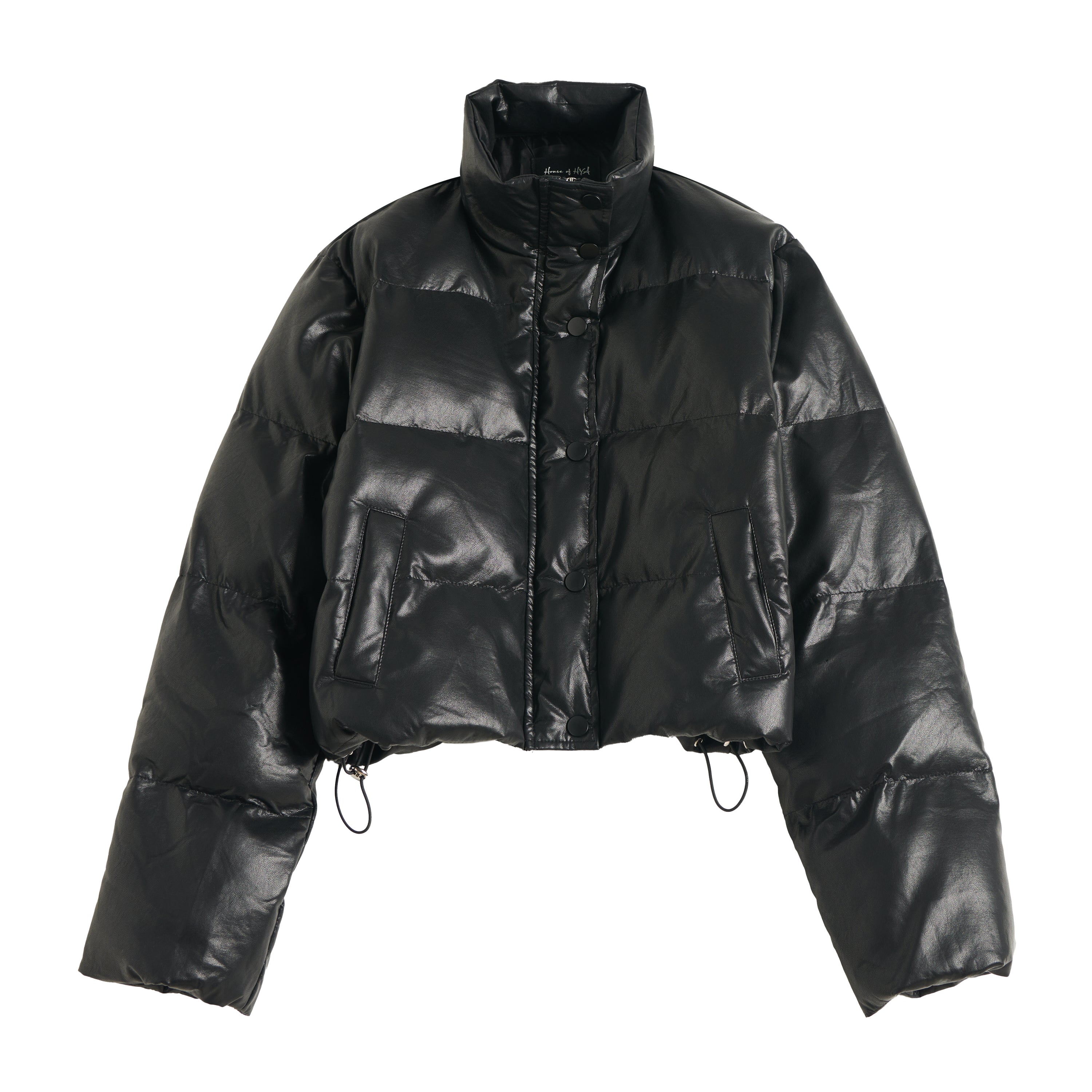 Black Leather Cotton-Filled Puffer Jacket