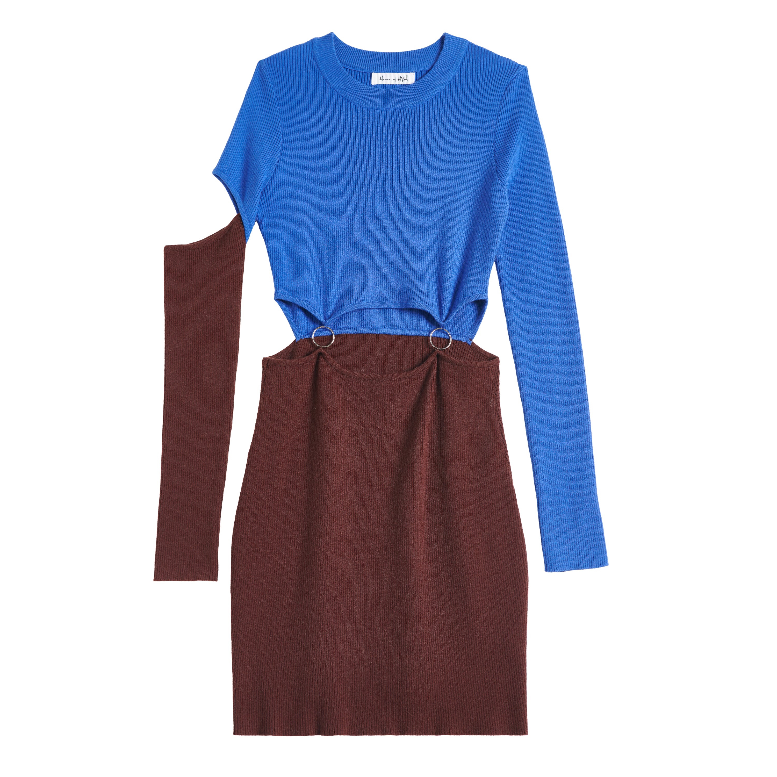 Blue-Brown Patchwork Cutout Two-tone Ribbed-knit Mini Dress