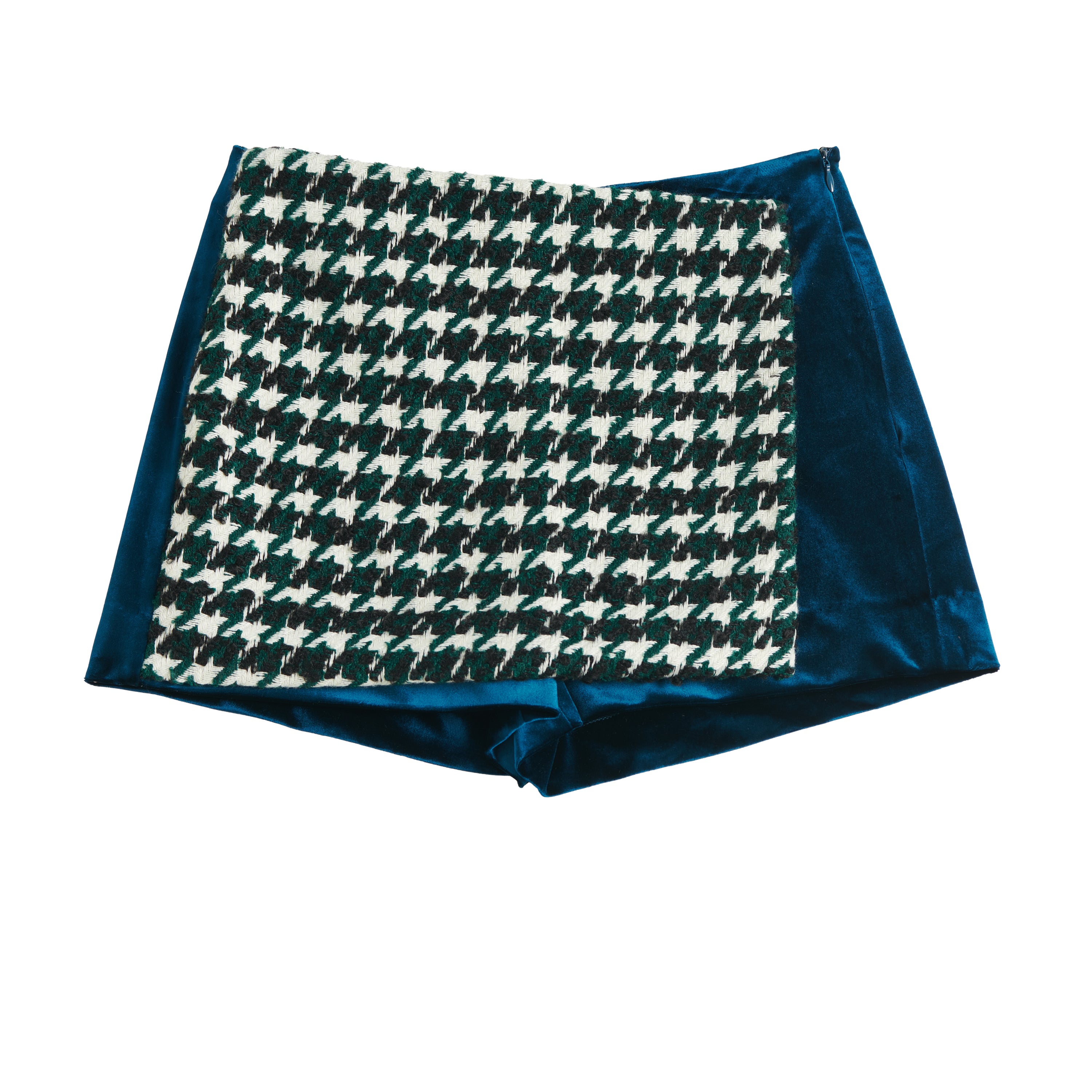 Houndstooth Cropped Wool-blend Tweed and Velvet Spliced Skort