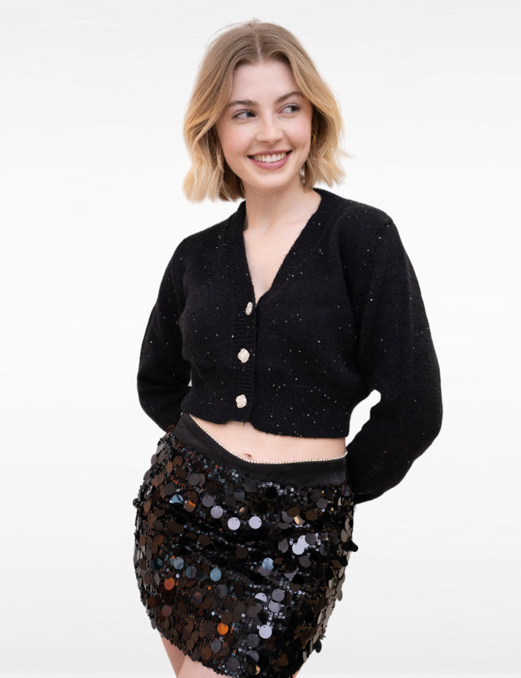 Cropped square-botton V-neck Sequin-embellished Mohair Knitted Cardigan