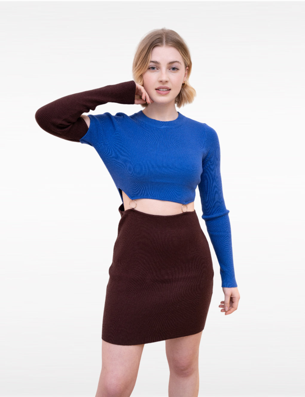 Blue-Brown Patchwork Cutout Two-tone Ribbed-knit Mini Dress