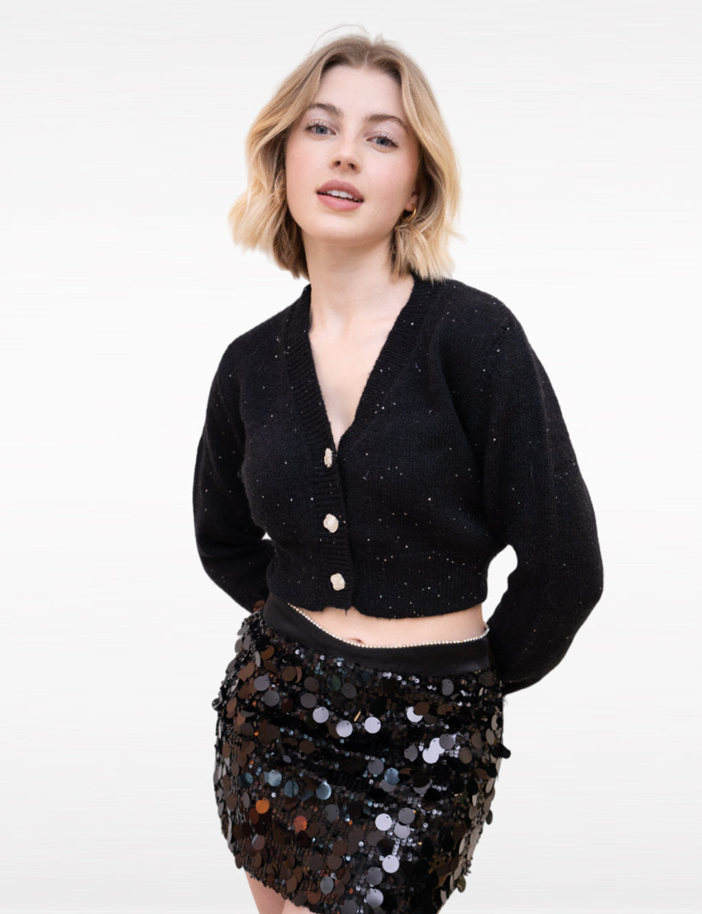 Cropped square-botton V-neck Sequin-embellished Mohair Knitted Cardigan