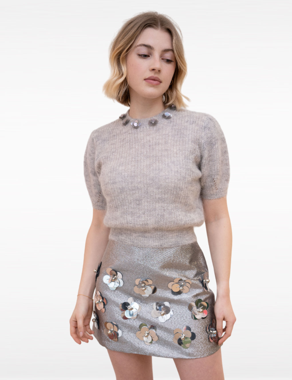 Sliver Metallic Flower-embellished Knitted Puff-Sleeves Mohair Wool-blend Top