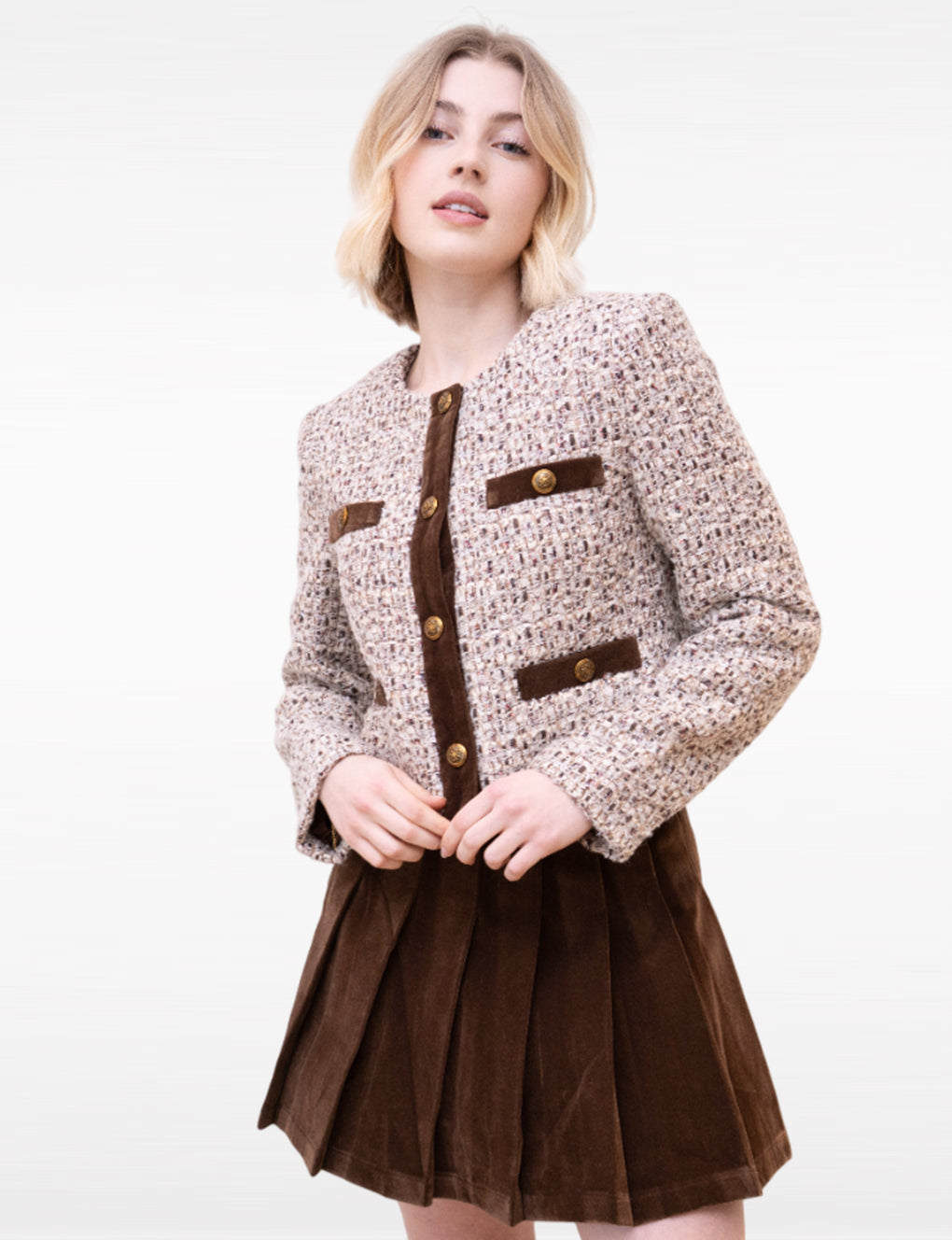 Round-neck Wool-blend Ribbon-trimmed Wool-blend Tweed Jacket