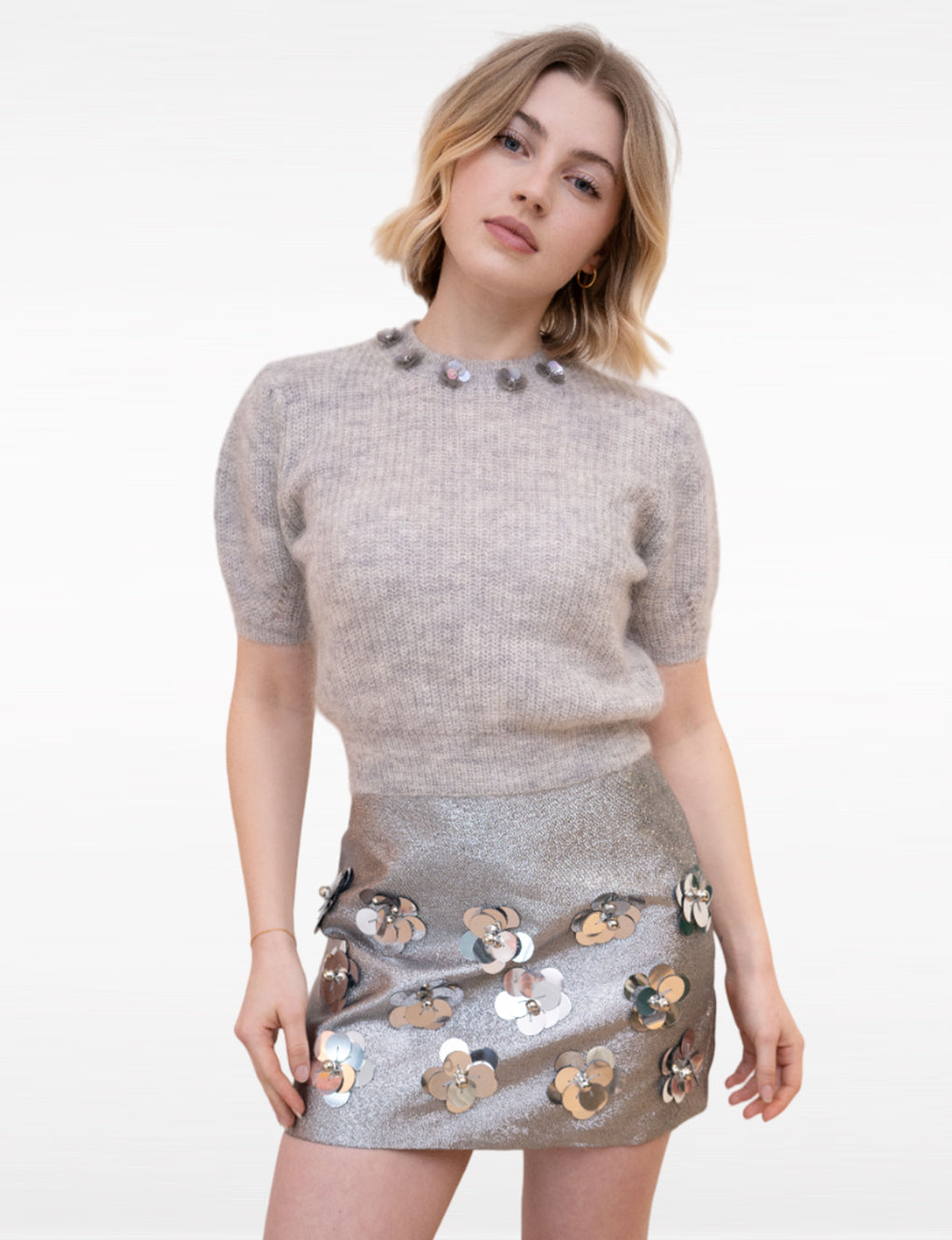 Sliver Metallic Flower-embellished Knitted Puff-Sleeves Mohair Wool-blend Top