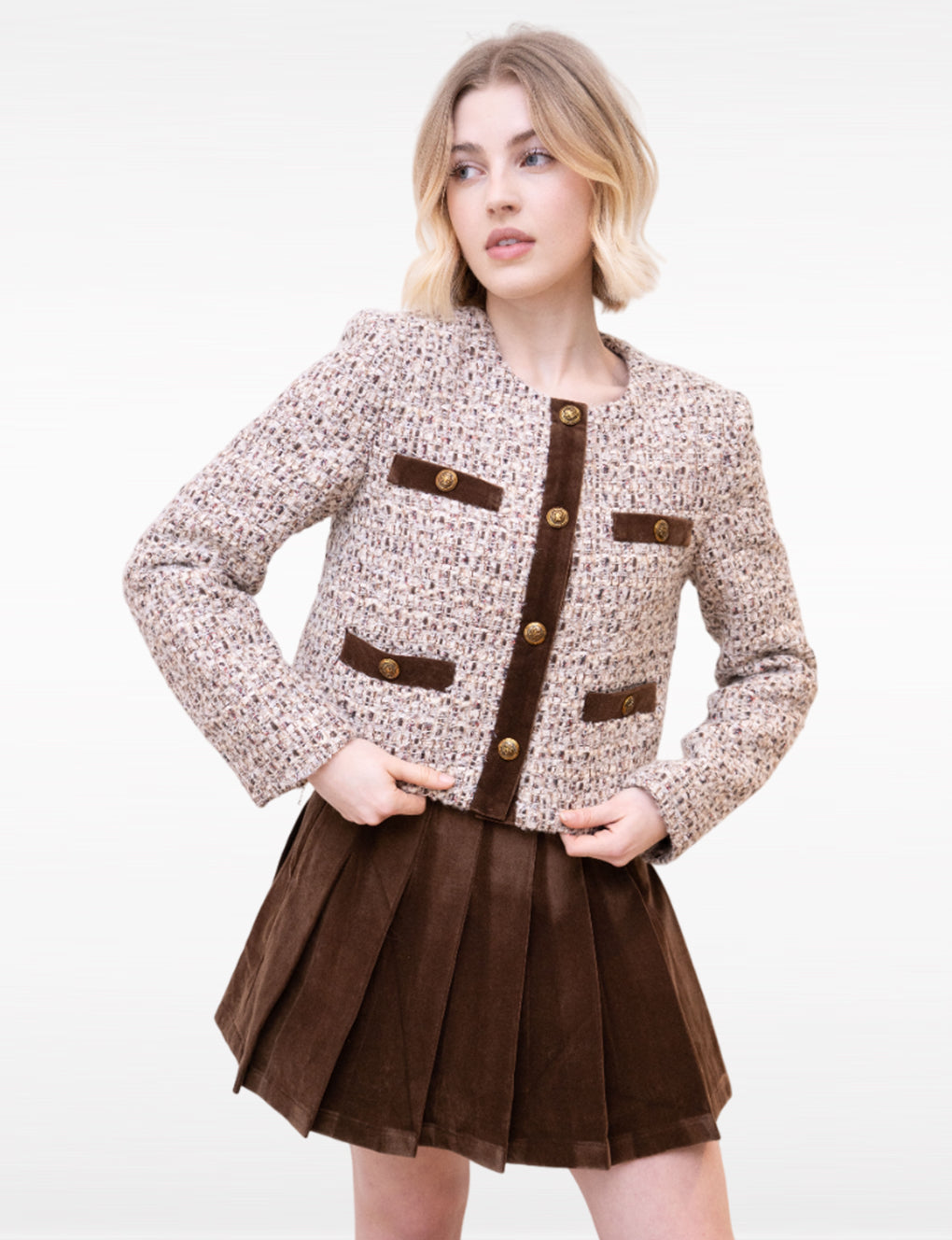 Round-neck Wool-blend Ribbon-trimmed Wool-blend Tweed Jacket