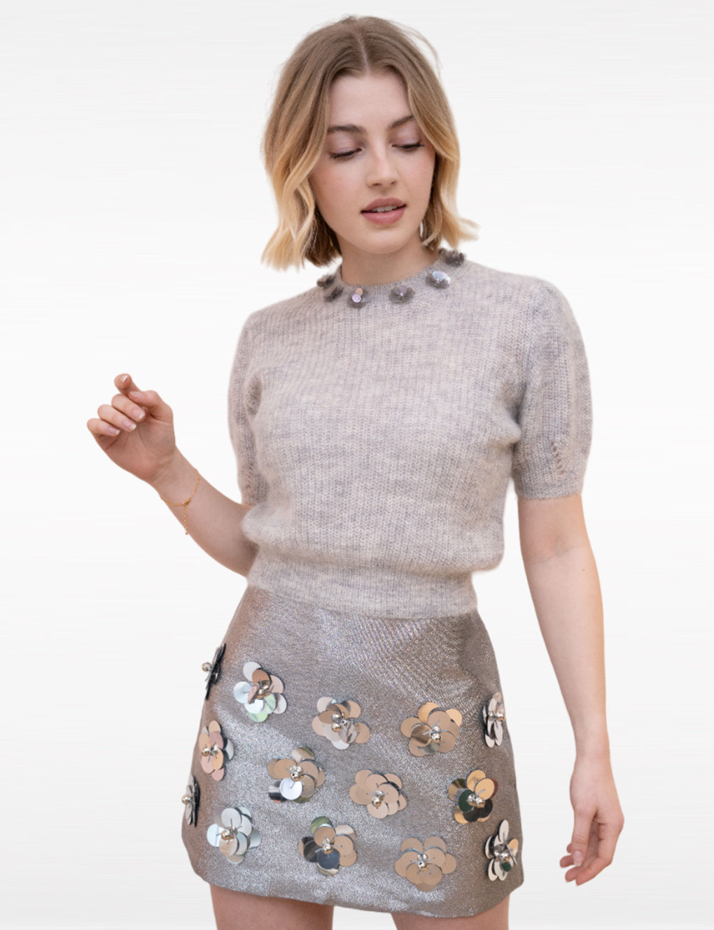 Sliver Metallic Flower-embellished Knitted Puff-Sleeves Mohair Wool-blend Top