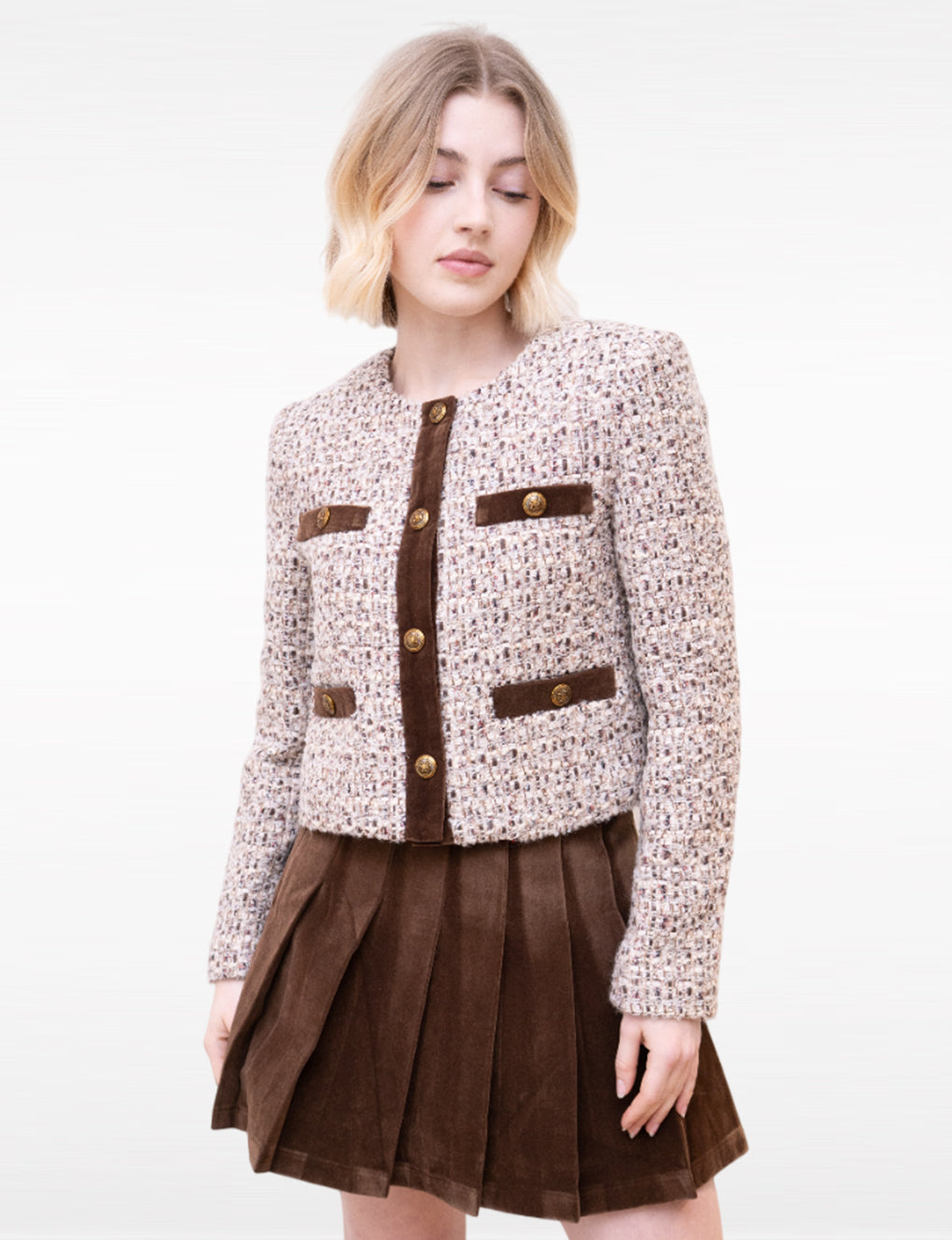 Round-neck Wool-blend Ribbon-trimmed Wool-blend Tweed Jacket