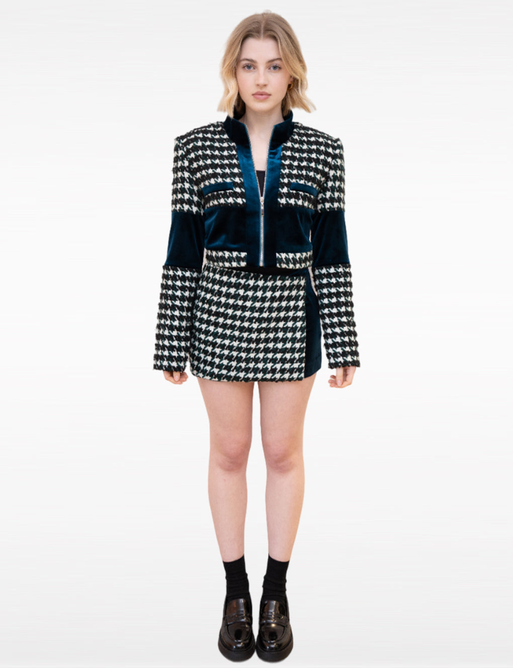 Houndstooth Cropped Wool-blend Tweed and Velvet Spliced Jacket