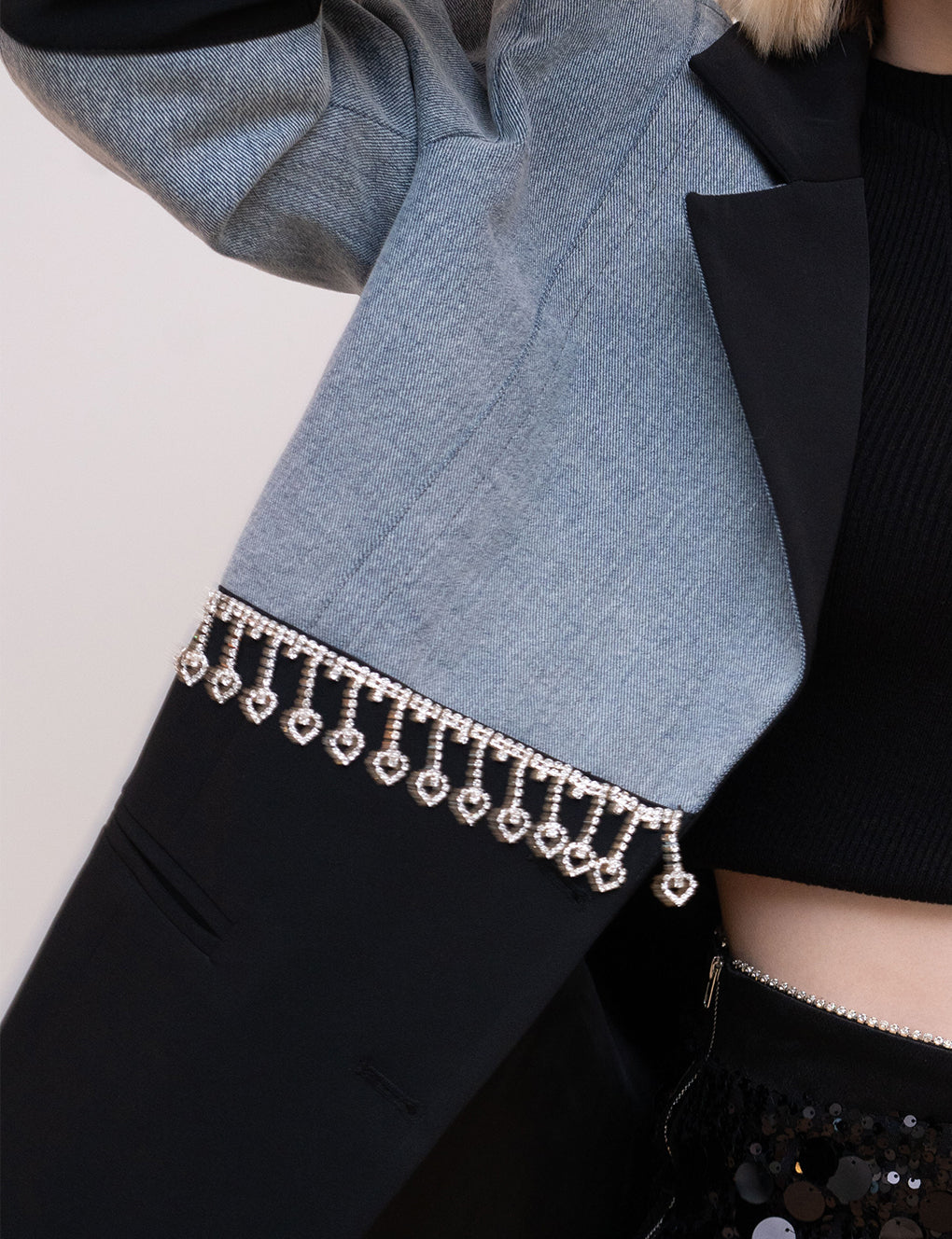 Denim Pacthwork Asymmetric Rhinestone Tassel-embellished Suit Jacket