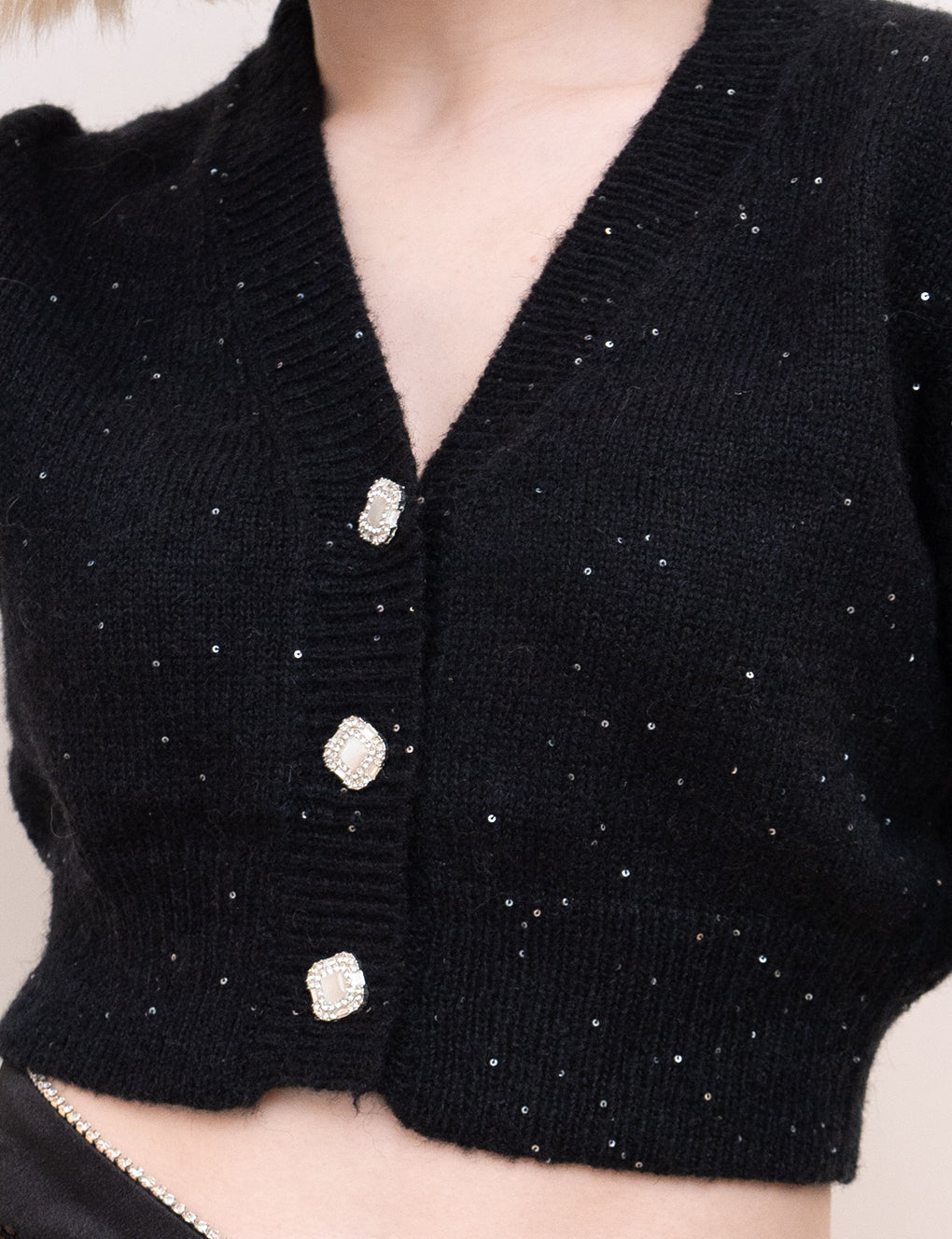 Cropped square-botton V-neck Sequin-embellished Mohair Knitted Cardigan