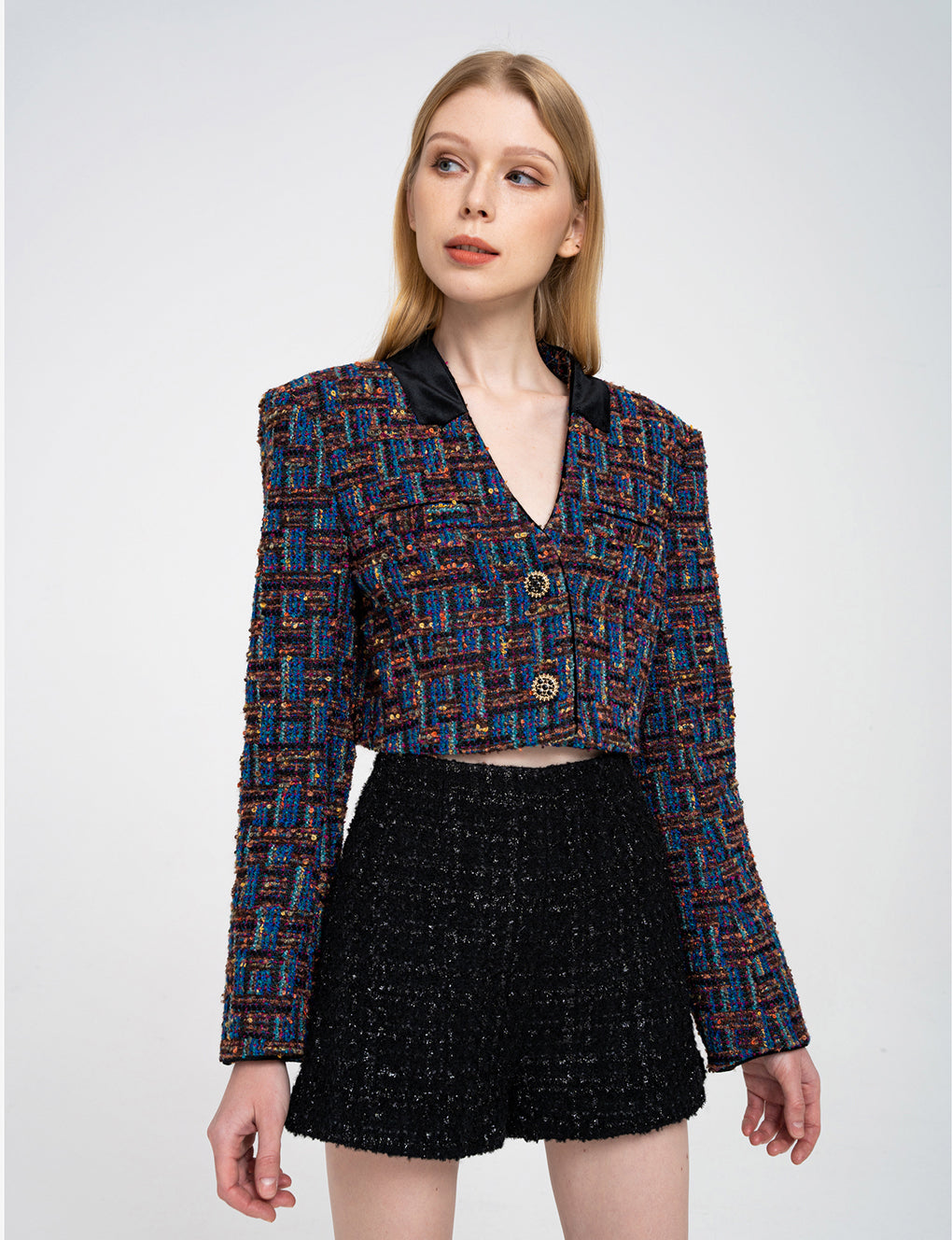 Cropped Velvet-trimmed V-neck  Bouclé-tweed Jacket