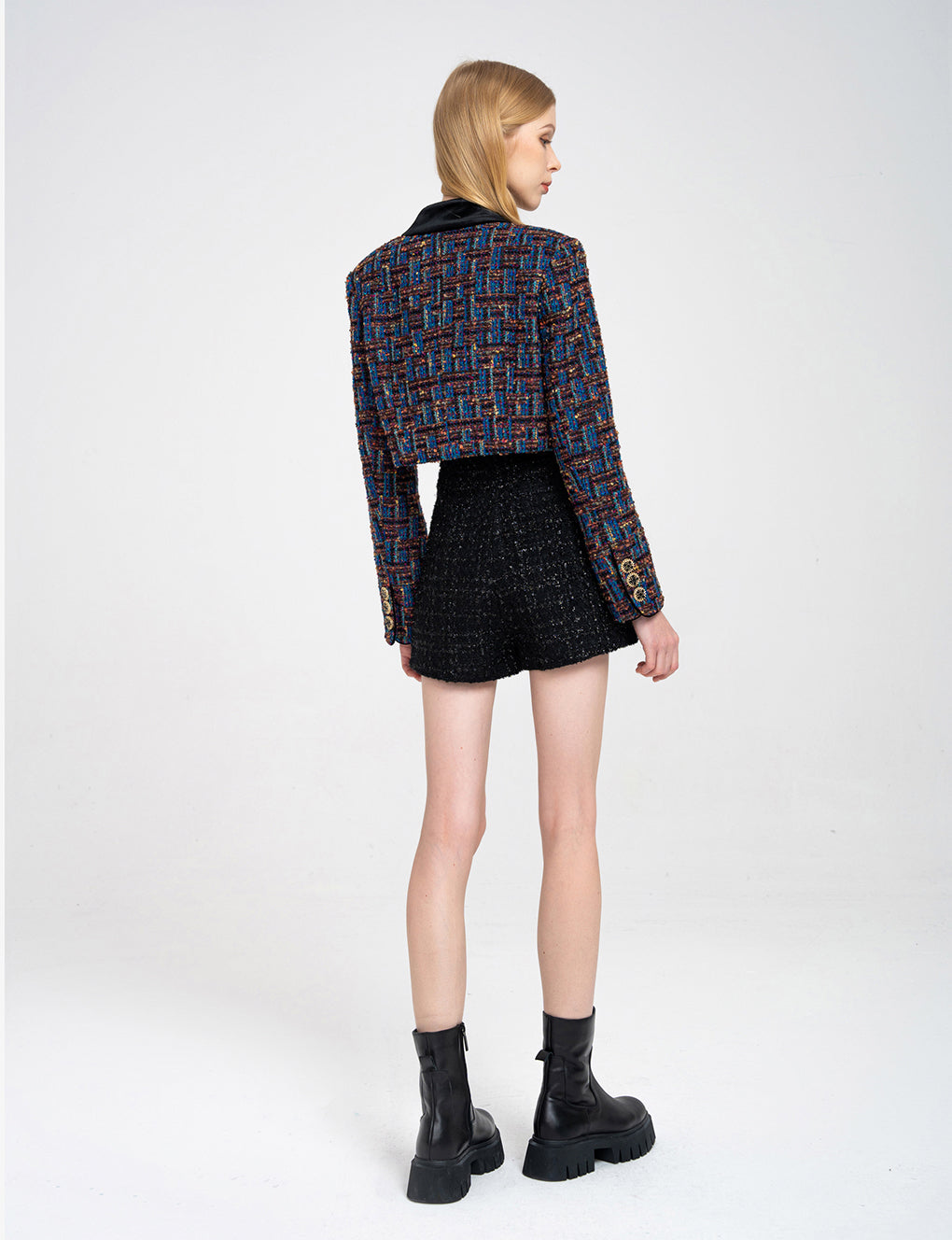 Cropped Velvet-trimmed V-neck  Bouclé-tweed Jacket