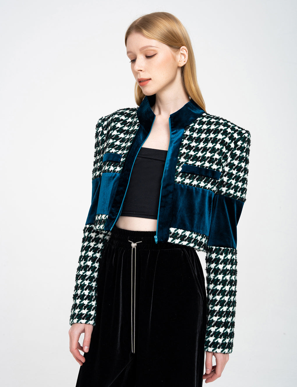 Houndstooth Cropped Wool-blend Tweed and Velvet Spliced Jacket