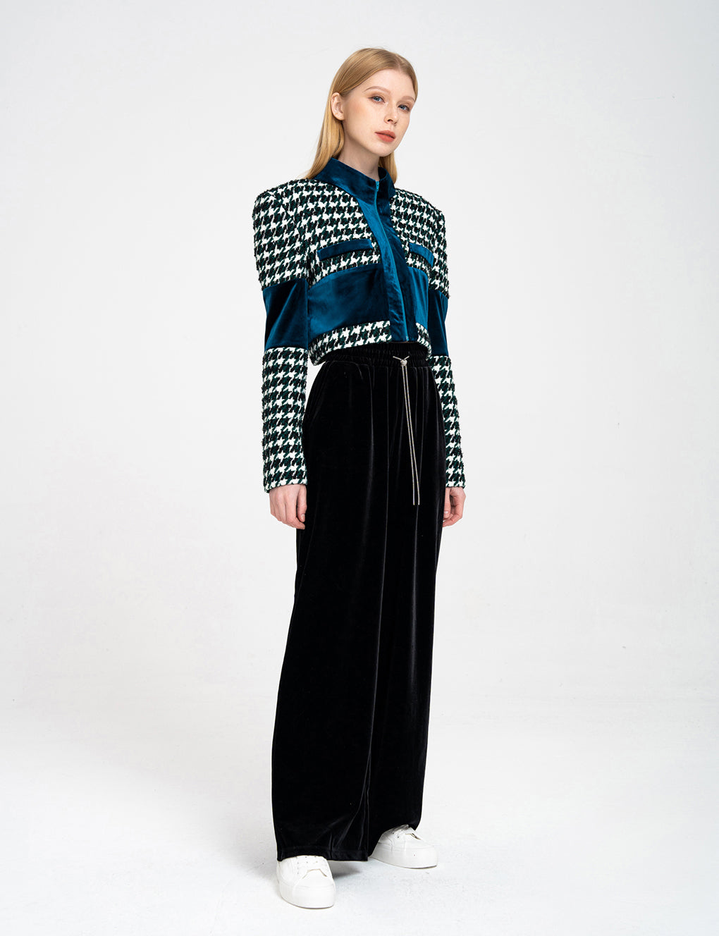 Houndstooth Cropped Wool-blend Tweed and Velvet Spliced Jacket