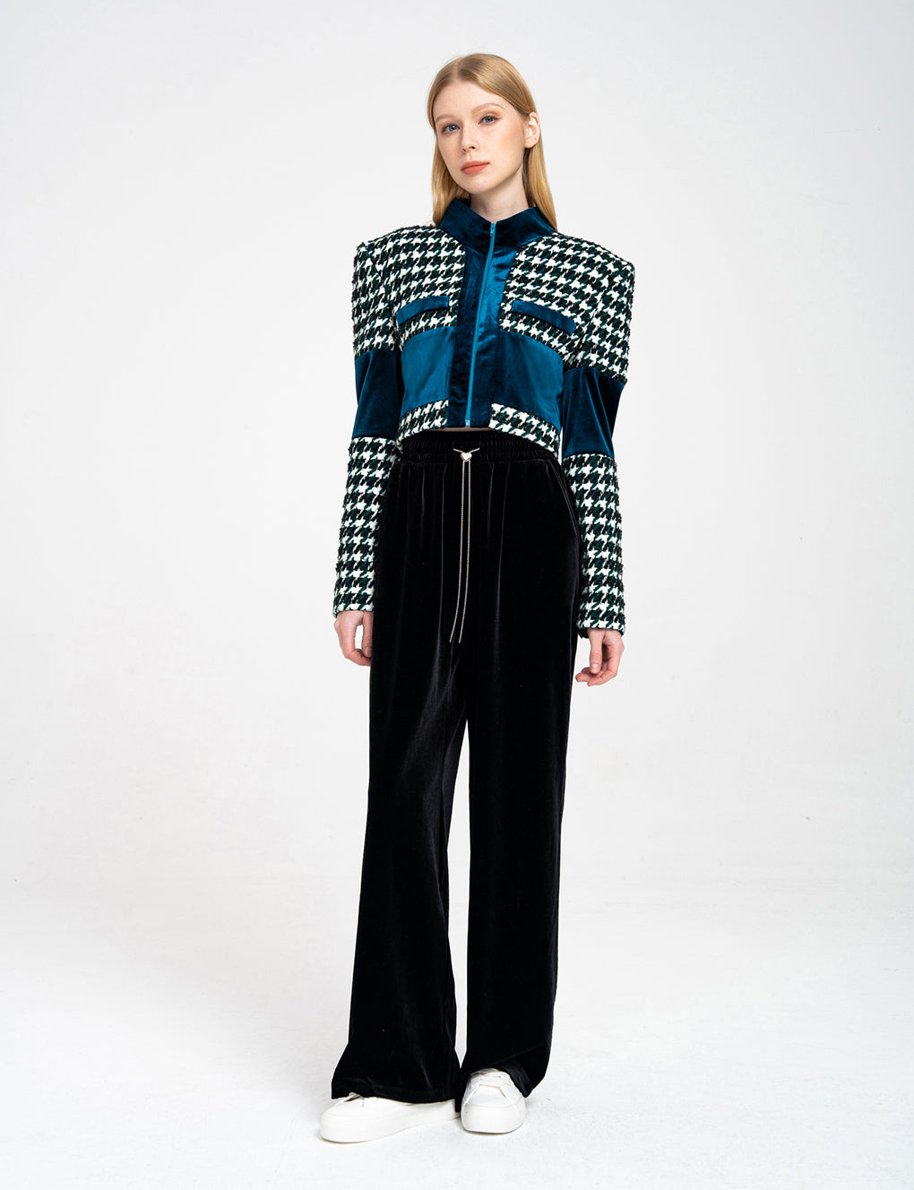 Houndstooth Cropped Wool-blend Tweed and Velvet Spliced Jacket