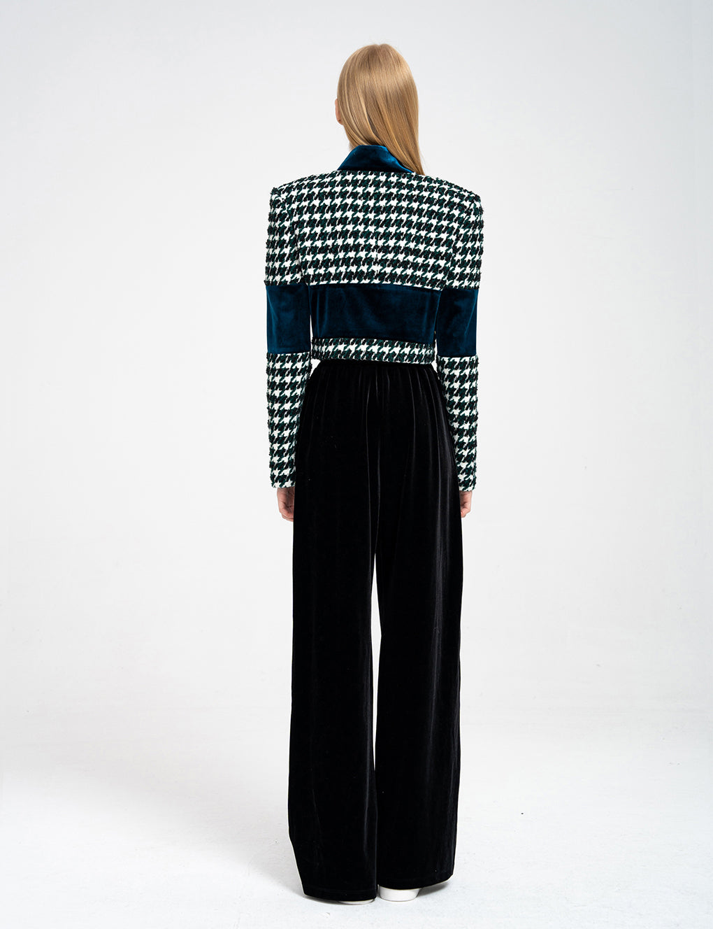 Houndstooth Cropped Wool-blend Tweed and Velvet Spliced Jacket