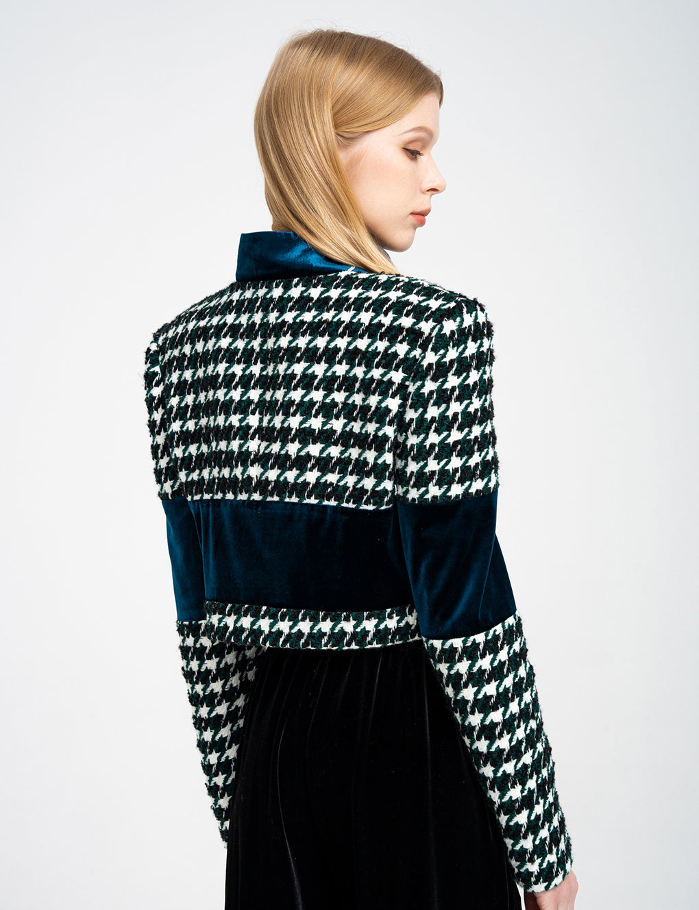 Houndstooth Cropped Wool-blend Tweed and Velvet Spliced Jacket