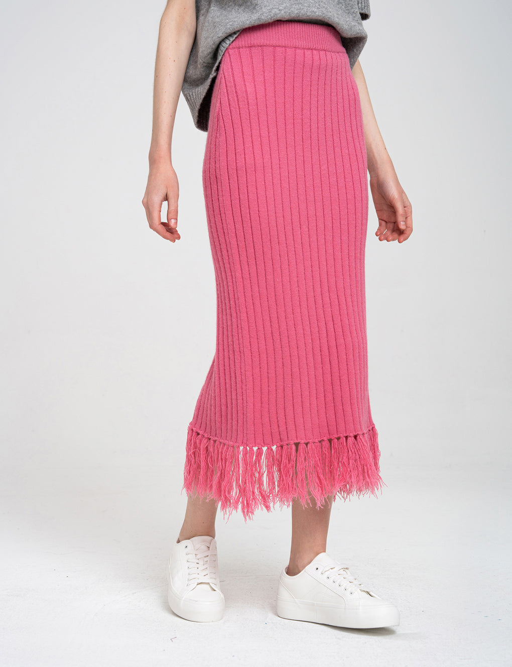 Fringed Ribbed High-waisted Knitted Midi Dress