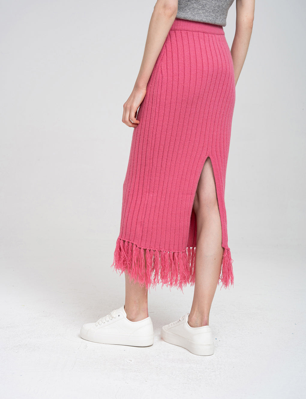 Fringed Ribbed High-waisted Knitted Midi Dress