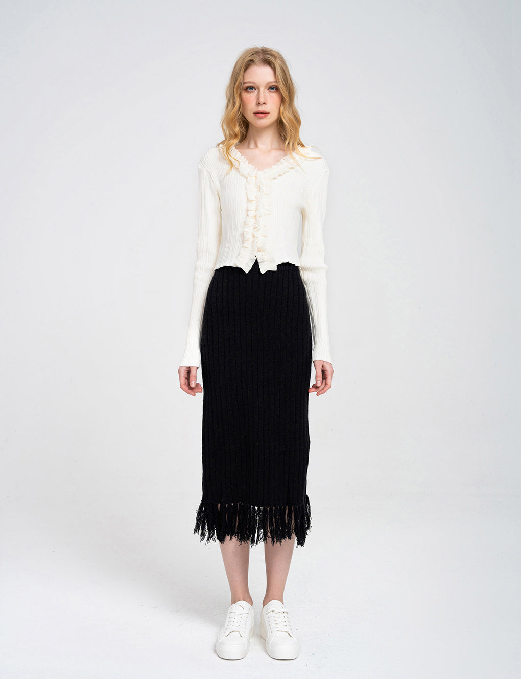 Fringed Ribbed High-waisted Knitted Midi Dress