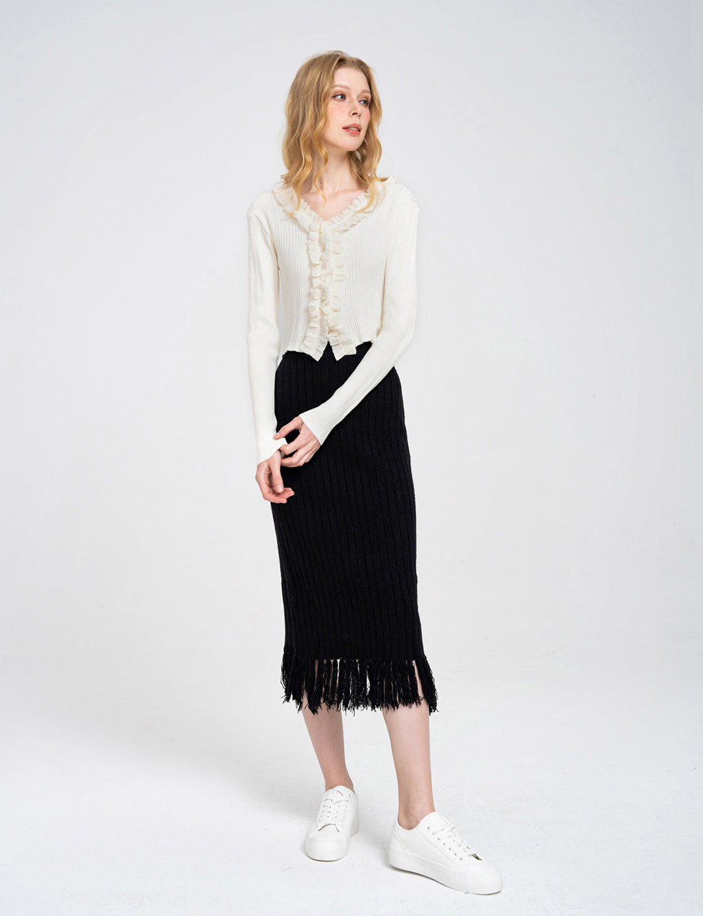 Fringed Ribbed High-waisted Knitted Midi Dress