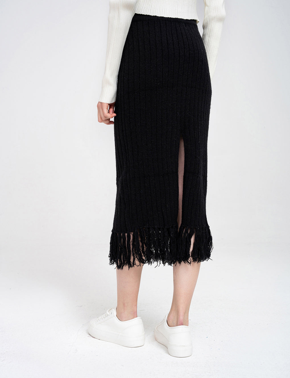 Fringed Ribbed High-waisted Knitted Midi Dress