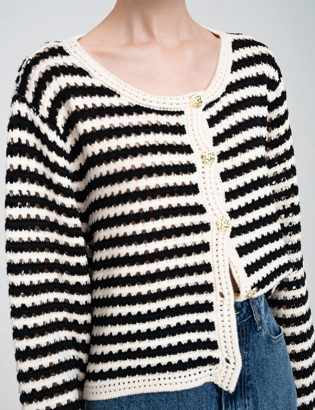 Striped Cut-outs Design Cable Knit Cardigan