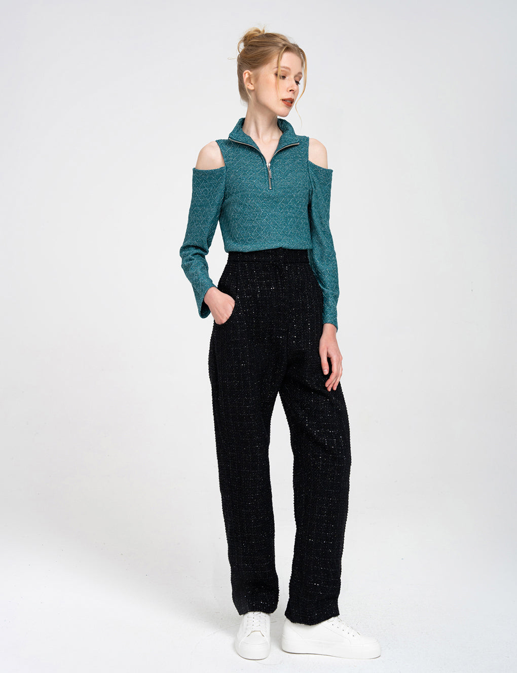 Sequin-embellished Tweed Tapered Pants