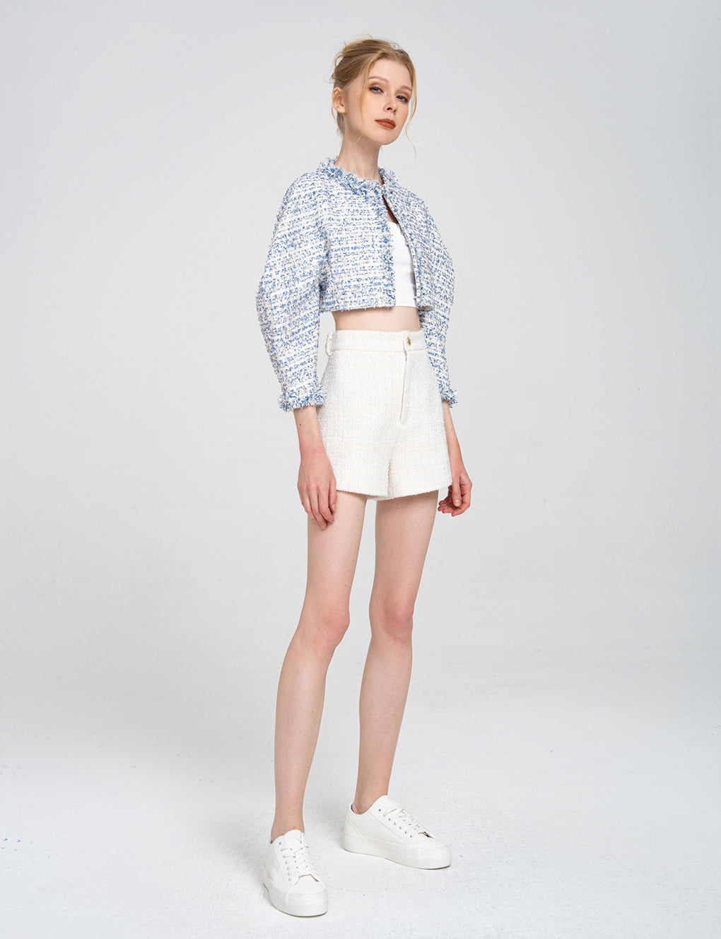 Cropped Fringed Puff-sleeve Tweed Jacket