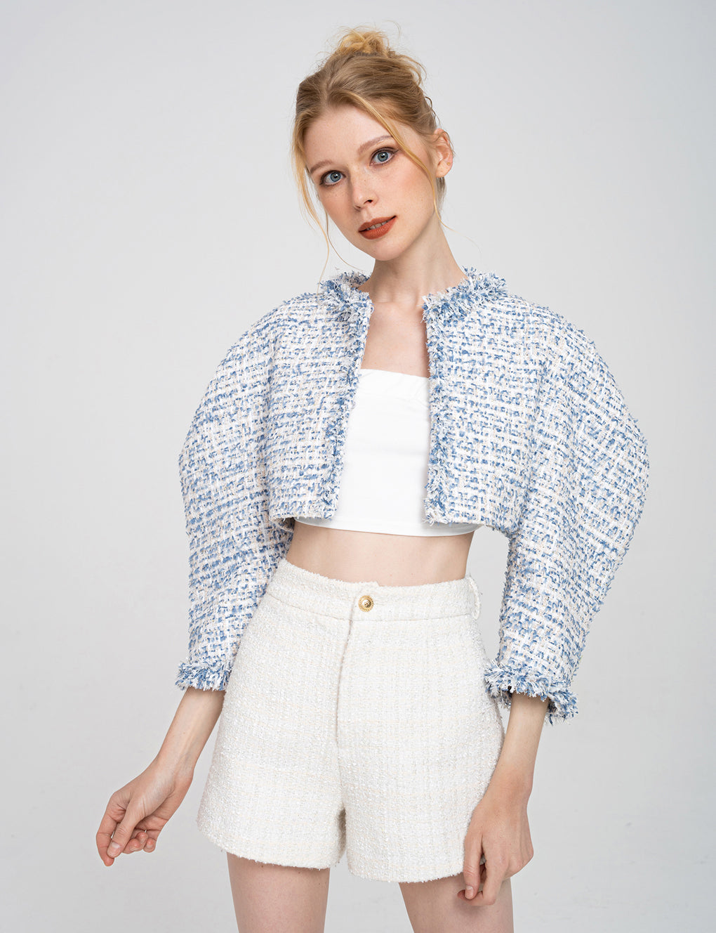 Cropped Fringed Puff-sleeve Tweed Jacket