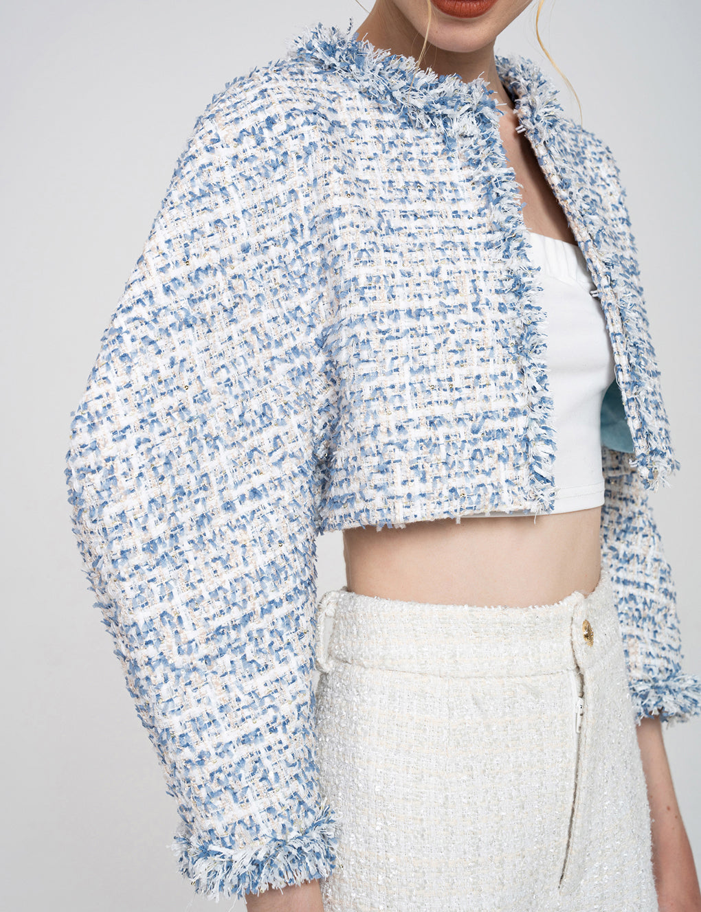 Cropped Fringed Puff-sleeve Tweed Jacket